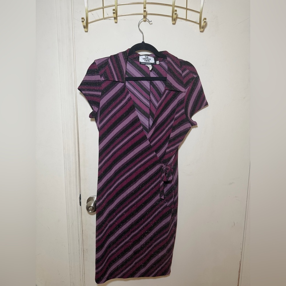 Vintage Glittery Purple, Pink and Black Diagonal Striped Short Sleeve Wrap Dress